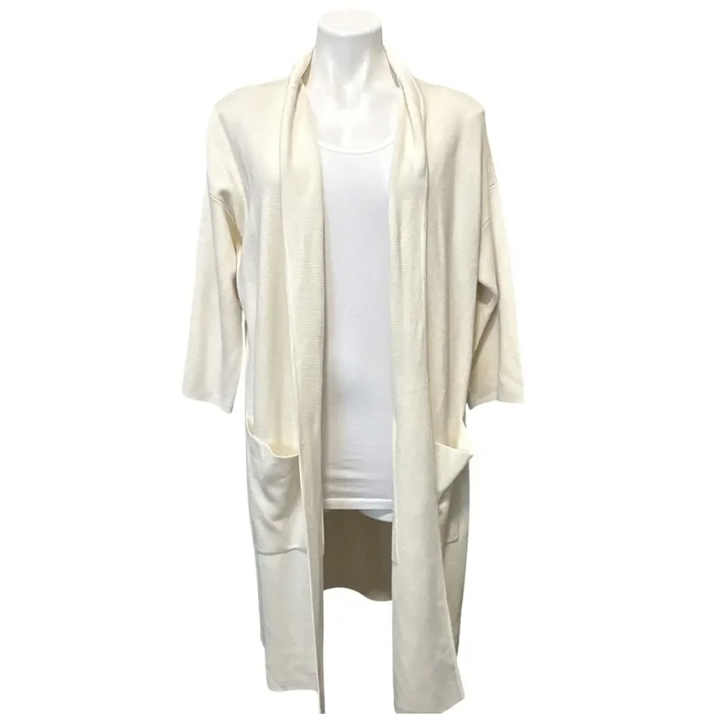 Eileen Fisher Silk Organic Cotton Interlock Long Cardigan Ivory PocketsLarge